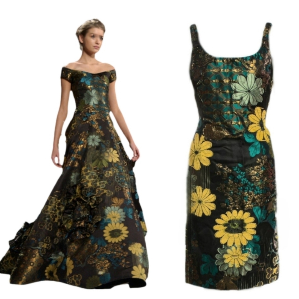 $4,000 OSCAR DE LA RENTA EXCLUS BLACK GOLD RUNWAY MIDI DRESS US 6
